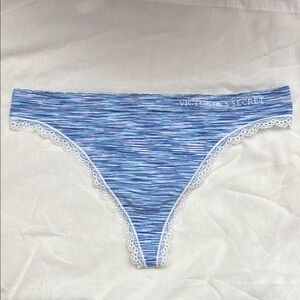 NWOT Victoria's Secret Body by Victoria Blue White Lace Trim Seamless Thong